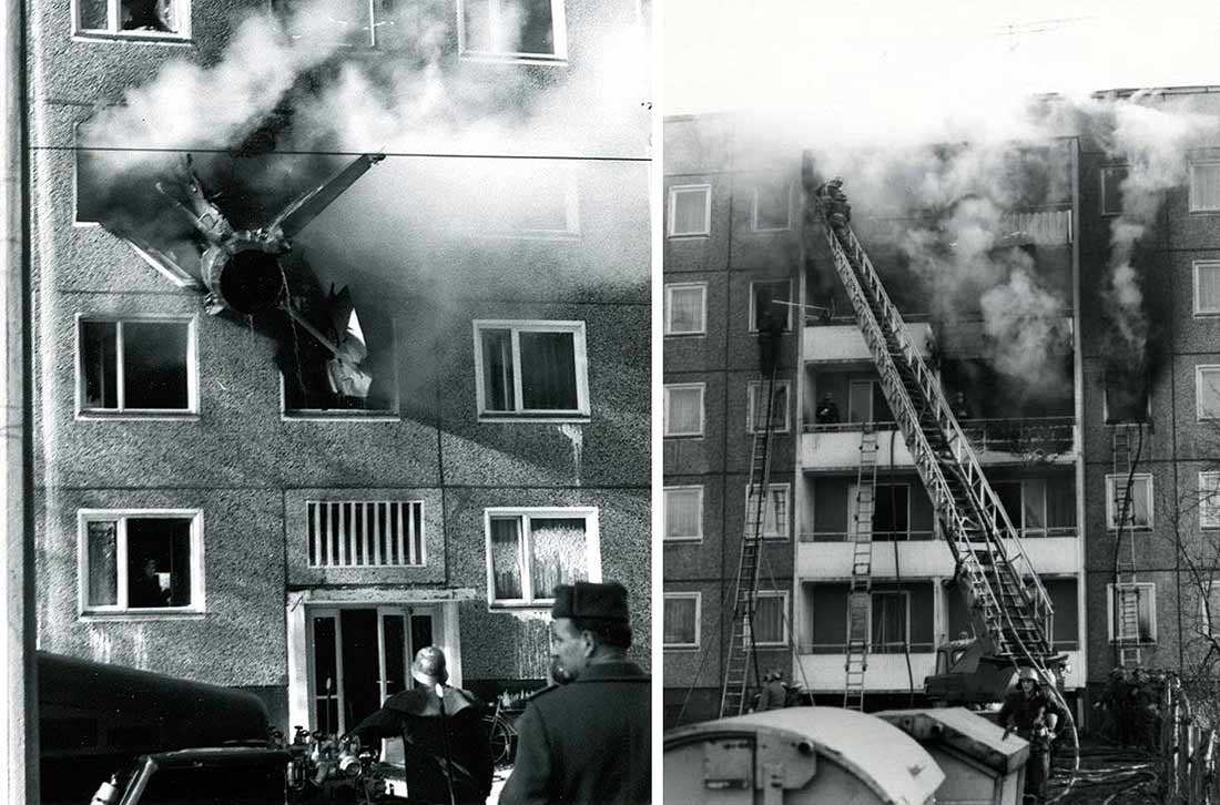 Die beiden Bilder oben stammen vom Untersuchungsberich der Staatssichheit und zeigen die Vor- und Rückfront des Hauses Schmellwitzer Straße 2 nachdem das Feuer weitgehend gelöscht war.