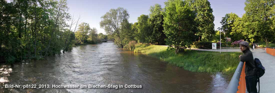 Blick vom Blechensteg in Cottbus auf das Hochwasser